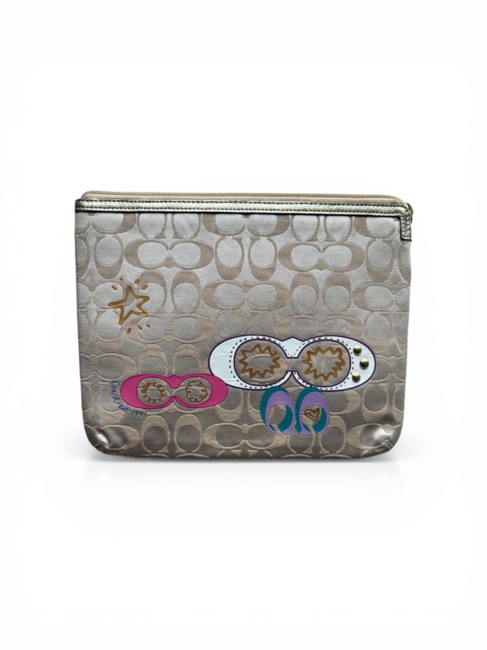 Coach Metallic Signature Pouch with Pink, Teal and Gold Accents